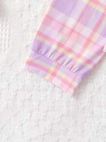 女小童卡通圖案T恤&格紋長褲睡衣套裝 - 紫色 - 查看 4
