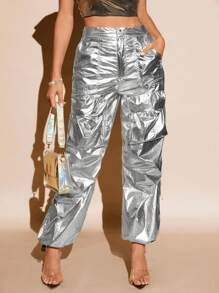 SHEIN BAE 金屬質感翻蓋口袋長褲 - 銀色 - 查看 1