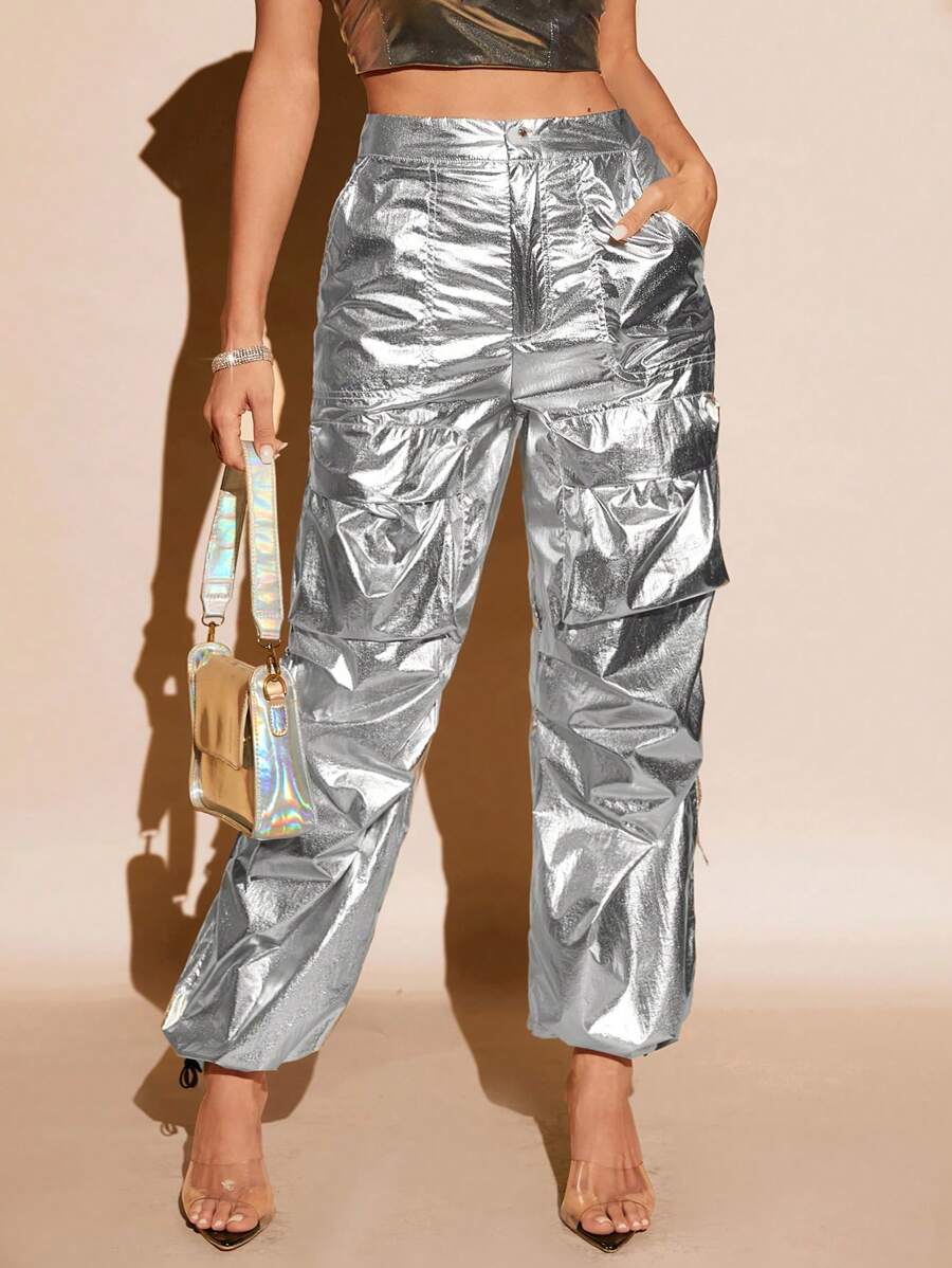 SHEIN BAE 金屬質感翻蓋口袋長褲 - 銀色 - 查看 1