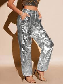 SHEIN BAE 金屬質感翻蓋口袋長褲 - 銀色 - 查看 3