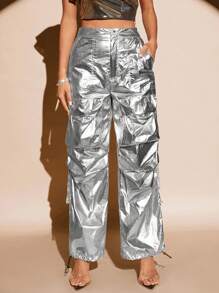 SHEIN BAE 金屬質感翻蓋口袋長褲 - 銀色 - 查看 5