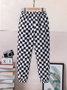 SHEIN 男大童棋盤格印花彈性腰帶長褲 - 黑與白 - 查看 2