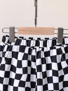SHEIN 男大童棋盤格印花彈性腰帶長褲 - 黑與白 - 查看 3