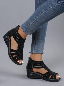 女性時尚&舒服的水鑽裝飾的鏤空坡跟高跟涼鞋帶後拉鍊閉合 - 黑色 - 查看 3