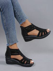 女性時尚&舒服的水鑽裝飾的鏤空坡跟高跟涼鞋帶後拉鍊閉合 - 黑色 - 查看 4