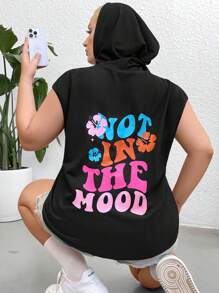 Flirla Plus Size Slogan Graphic Hooded Drawstring Sweatshirt Pullover Fall Sweatshirt - Black - View 4