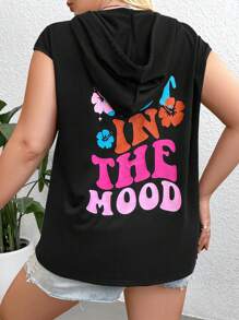 Flirla Plus Size Slogan Graphic Hooded Drawstring Sweatshirt Pullover Fall Sweatshirt - Black - View 1