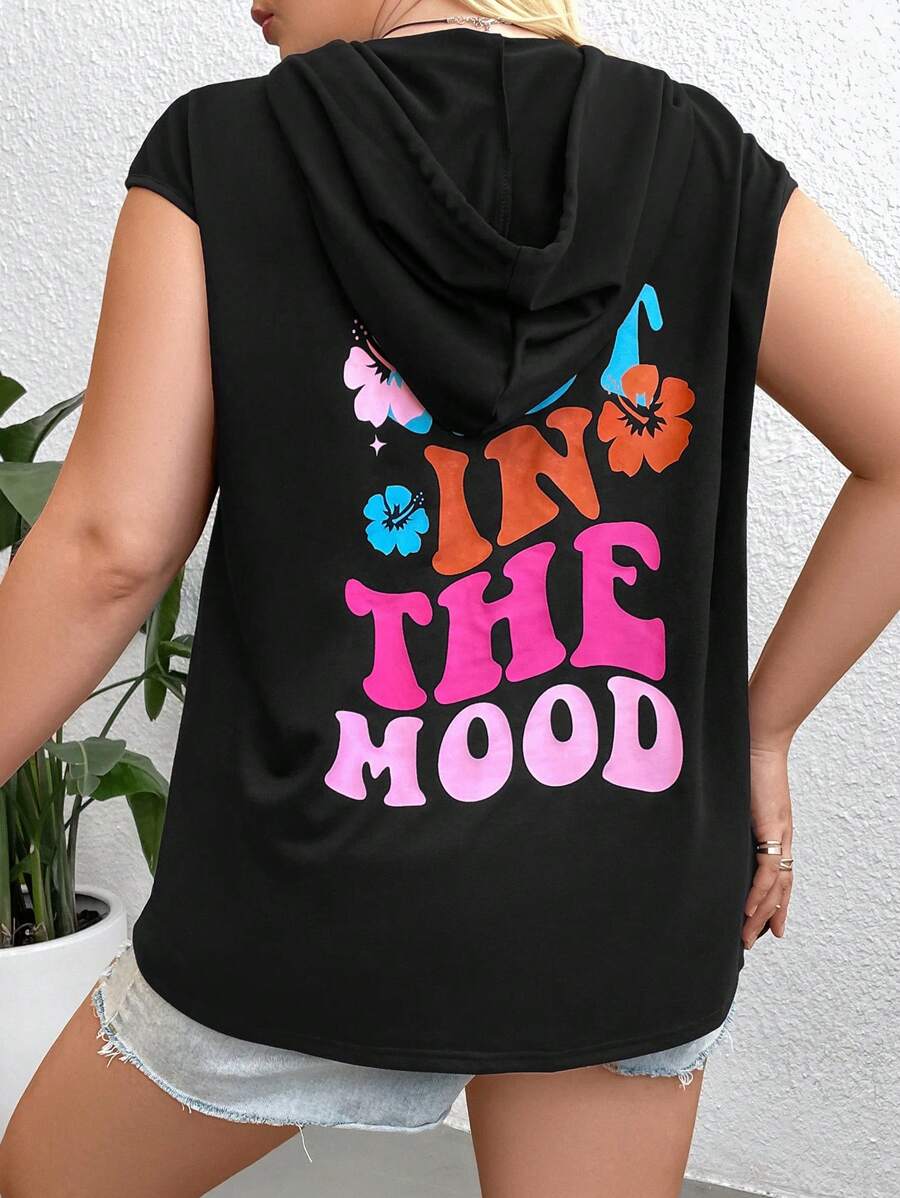 Flirla Plus Size Slogan Graphic Hooded Drawstring Sweatshirt Pullover Fall Sweatshirt - Black - View 1