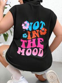 Flirla Plus Size Slogan Graphic Hooded Drawstring Sweatshirt Pullover Fall Sweatshirt - Black - View 6