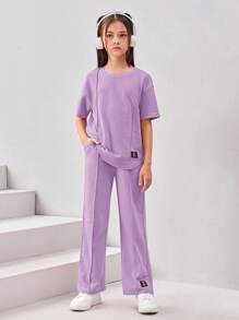 SHEIN Cô gái Tween Chi tiết Patched thư Áo thun & quần - Màu Lilac Tím - Xem 1