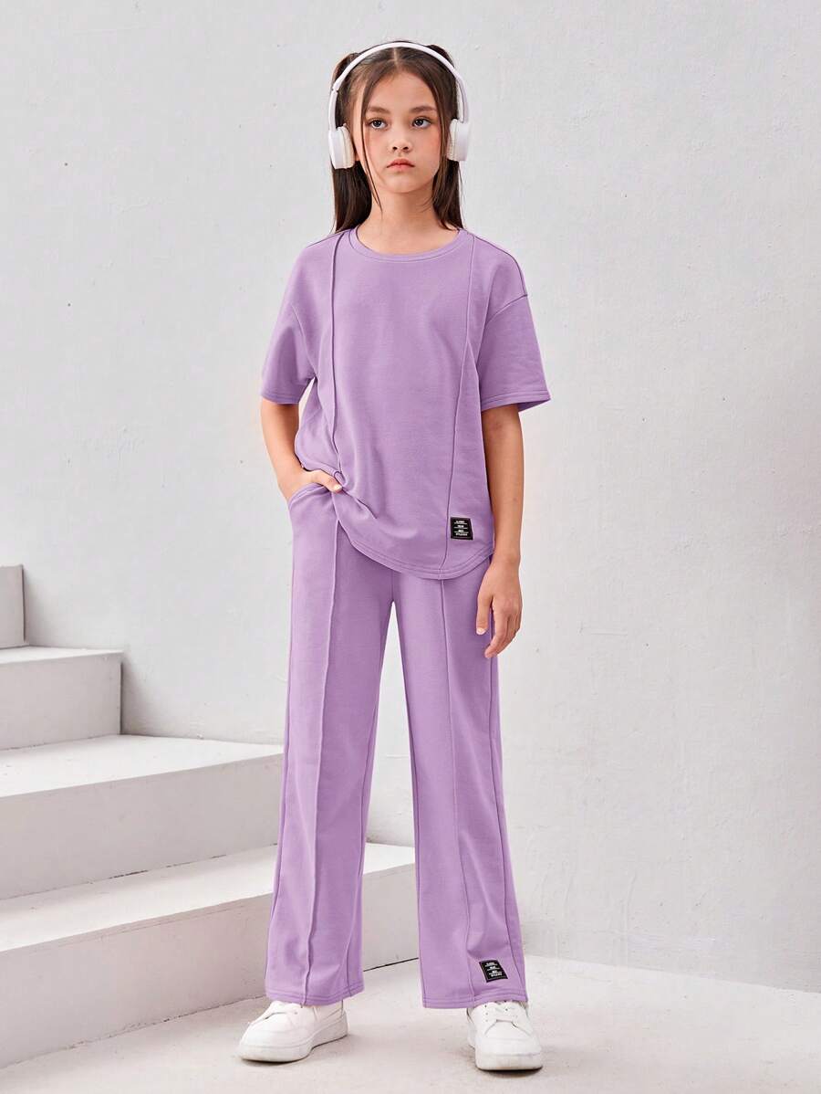 SHEIN Cô gái Tween Chi tiết Patched thư Áo thun & quần - Màu Lilac Tím - Xem 1