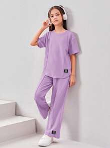 SHEIN Cô gái Tween Chi tiết Patched thư Áo thun & quần - Màu Lilac Tím - Xem 3