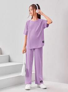 SHEIN Cô gái Tween Chi tiết Patched thư Áo thun & quần - Màu Lilac Tím - Xem 4