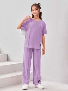 SHEIN Cô gái Tween Chi tiết Patched thư Áo thun & quần - Màu Lilac Tím - Xem 5