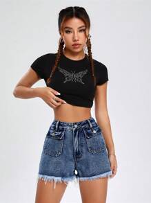 SHEIN EZwear 翻蓋口袋毛邊牛仔短褲 - 藍色 - 查看 4