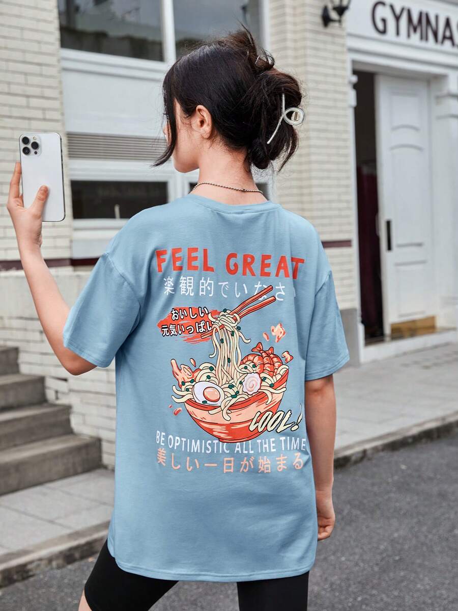 SHEIN 青少年女孩字母和卡通圖案落肩T恤 - 霧霾藍 - 查看 1