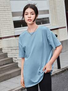 SHEIN 青少年女孩字母和卡通圖案落肩T恤 - 霧霾藍 - 查看 2