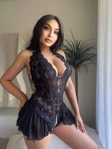 SHEIN Plus Floral Lace Ruffle Hem Teddy Bodysuit - Black - View 6