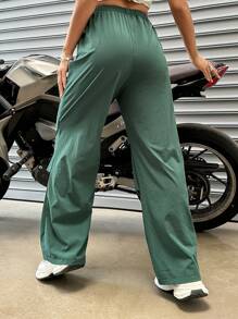 SHEIN Unity 素色腰部打結降落傘褲 - 綠色 - 查看 2