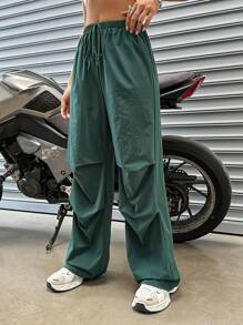 SHEIN Unity 素色腰部打結降落傘褲 - 綠色 - 查看 4