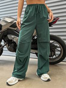 SHEIN Unity 素色腰部打結降落傘褲 - 綠色 - 查看 5