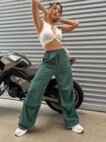 SHEIN Unity 素色腰部打結降落傘褲 - 綠色 - 查看 6