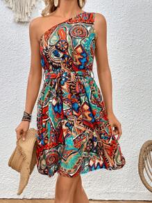 SHEIN VCAY Allover Print One Shoulder Belted Dress