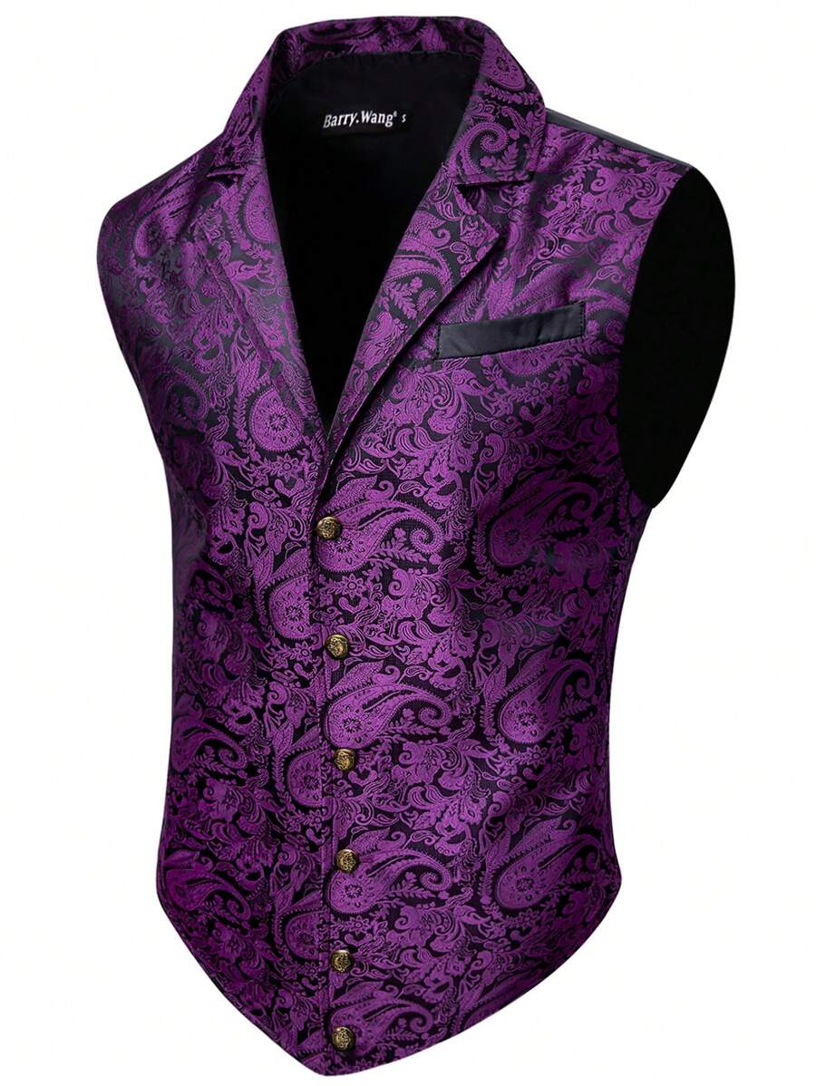 Men Paisley Print Waistcoat - Purple - View 1