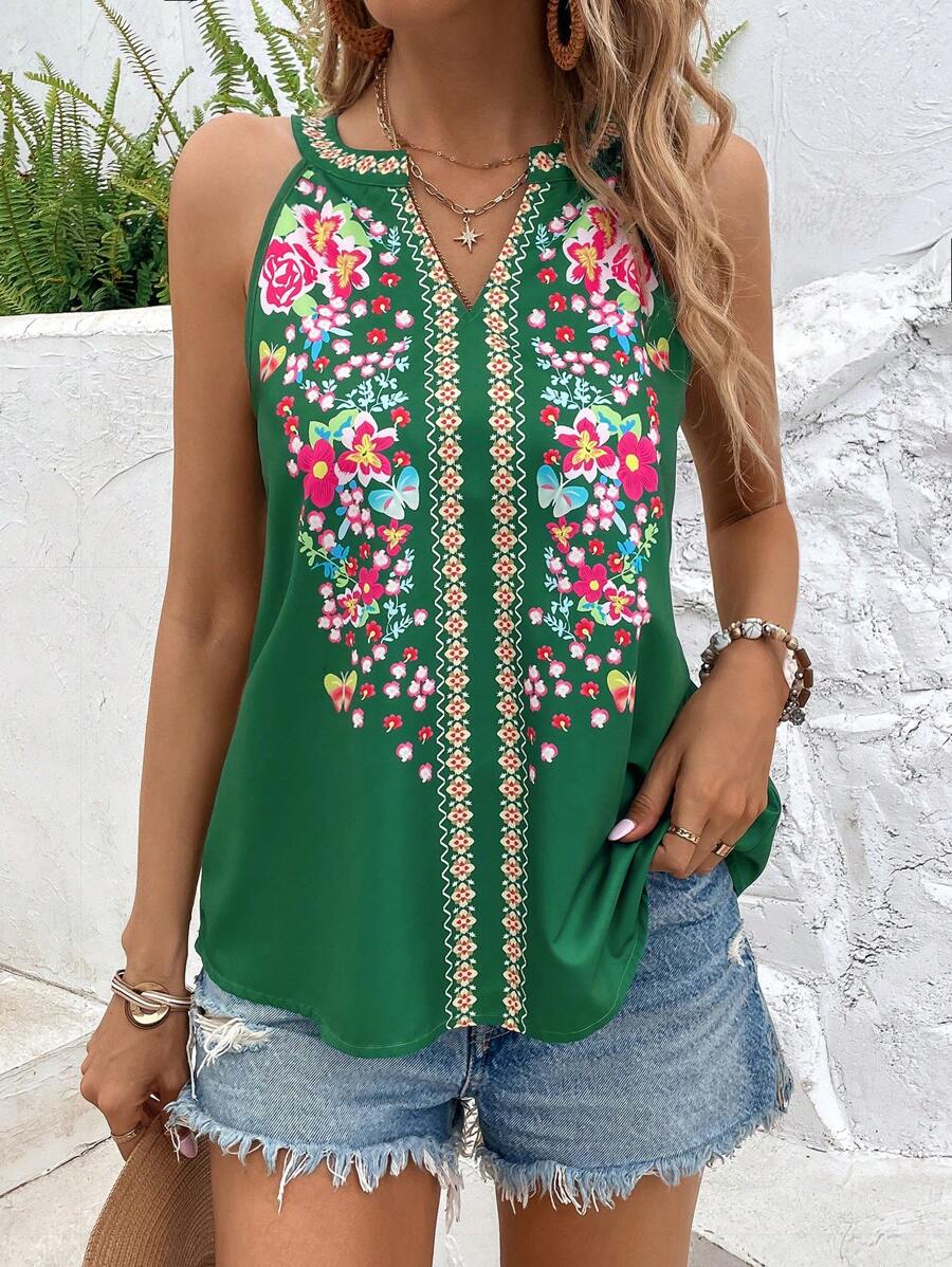 SHEIN LUNE Floral Print Notched Neckline Sleeveless Blouse - Green - View 1