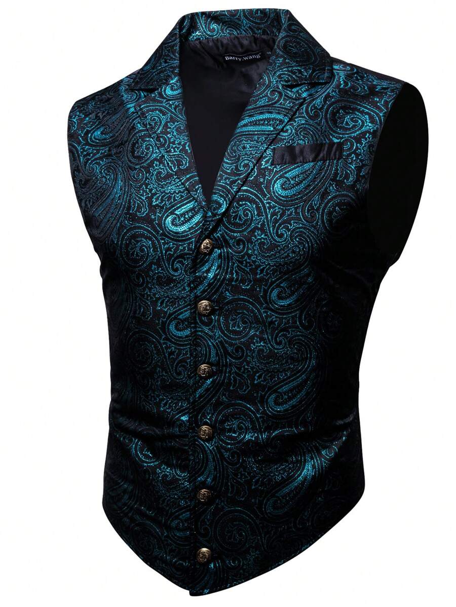 Men Paisley Print Waistcoat - Blue - View 1