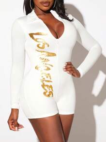 Slaydiva Mono unitard con estampado de letra con cremallera - Blanco - Ver 1