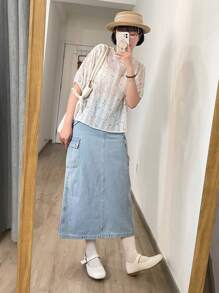 DAZY 側翻蓋口袋工裝牛仔半身裙 - 淺色水洗藍 - 查看 8