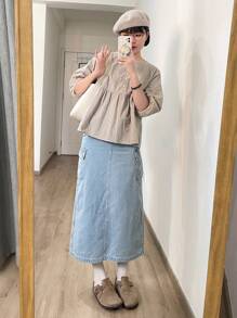 DAZY 側翻蓋口袋工裝牛仔半身裙 - 淺色水洗藍 - 查看 9