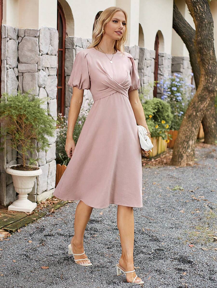 SHEIN Frenchy Chất rắn Ống tay áo Váy chữ A - Bụi hồng - Xem 1