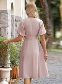 SHEIN Frenchy Chất rắn Ống tay áo Váy chữ A - Bụi hồng - Xem 2