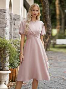 SHEIN Frenchy Chất rắn Ống tay áo Váy chữ A - Bụi hồng - Xem 3