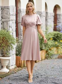 SHEIN Frenchy Chất rắn Ống tay áo Váy chữ A - Bụi hồng - Xem 4