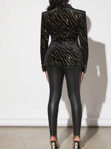 Slaydiva Zebra Striped Pattern Chain Detail Double Button Velvet Blazer - Black - View 2