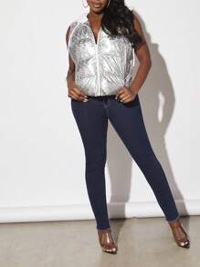 Slaydiva Zip Up Hooded Vest Padded Coat - Silver - View 4