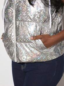 Slaydiva Zip Up Hooded Vest Padded Coat - Silver - View 5