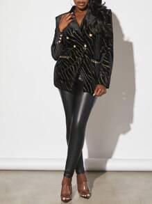 Slaydiva Zebra Striped Pattern Chain Detail Double Button Velvet Blazer - Black - View 6