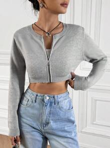 SHEIN EZwear Dây kéo Cắt sửa áo lông cừu - Màu Xám nhạt - Xem 1