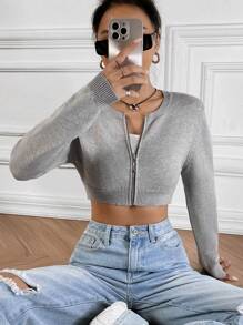 SHEIN EZwear Dây kéo Cắt sửa áo lông cừu - Màu Xám nhạt - Xem 3