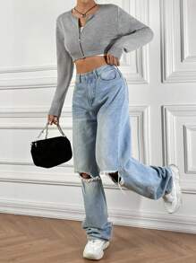 SHEIN EZwear Dây kéo Cắt sửa áo lông cừu - Màu Xám nhạt - Xem 4