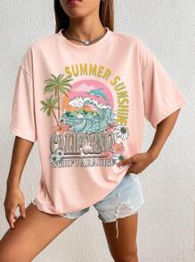 INAWLY 字母圖案落肩T恤 - 淺粉色 - 查看 3