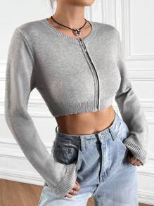 SHEIN EZwear Dây kéo Cắt sửa áo lông cừu - Màu Xám nhạt - Xem 6