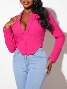 Slaydiva 鉤眼扣前不對稱下擺西裝外套 - 玫紅色 - 查看 1