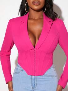 Slaydiva 鉤眼扣前不對稱下擺西裝外套 - 玫紅色 - 查看 4