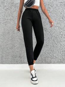 EURMUSE Solid Elastic Waist Joggers - Black - View 1