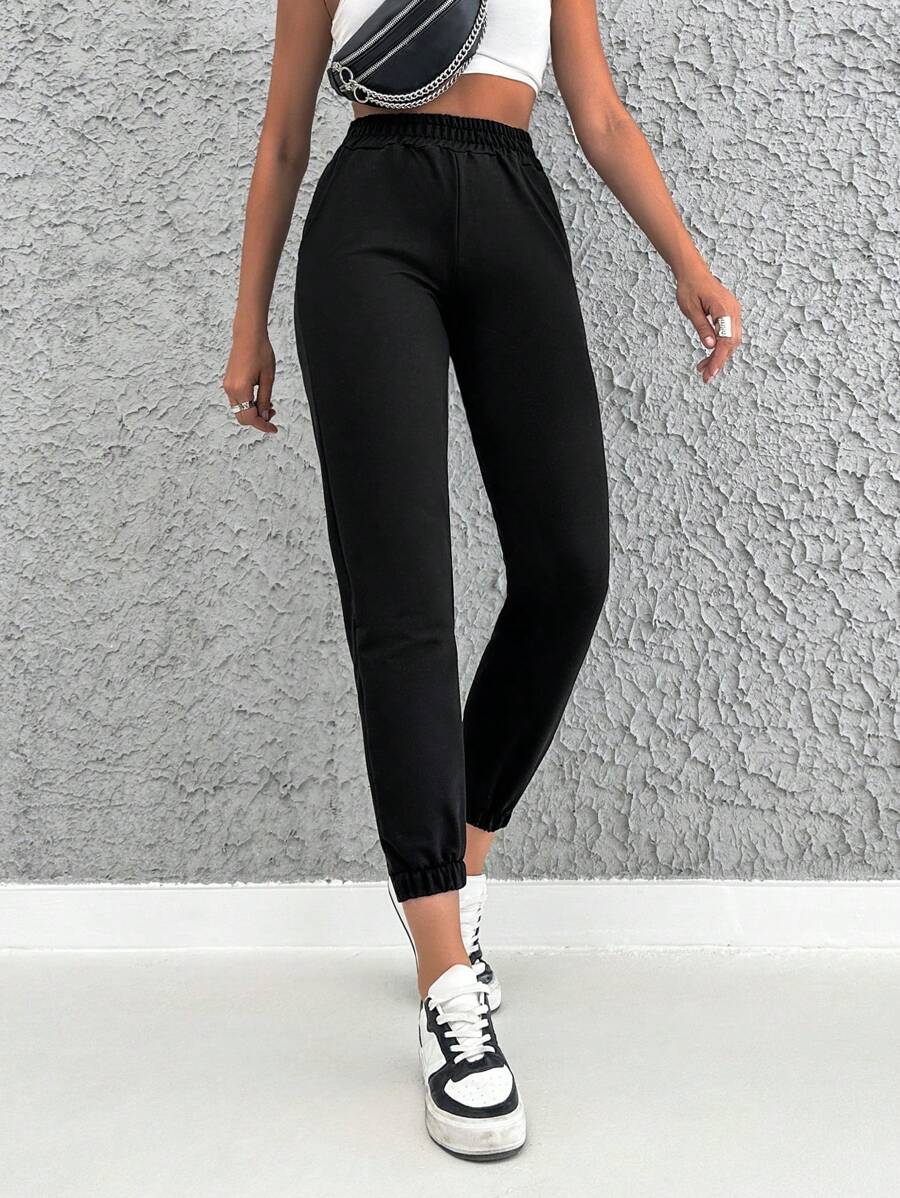 EURMUSE Solid Elastic Waist Joggers - Black - View 1